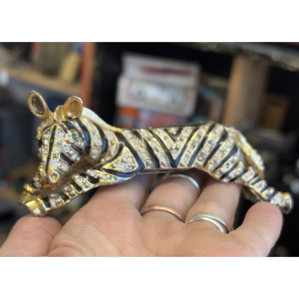 Vintage 1980s Gold Black Enamel Zebra Shoulder Brooch Joanna Buchanan 4.5"